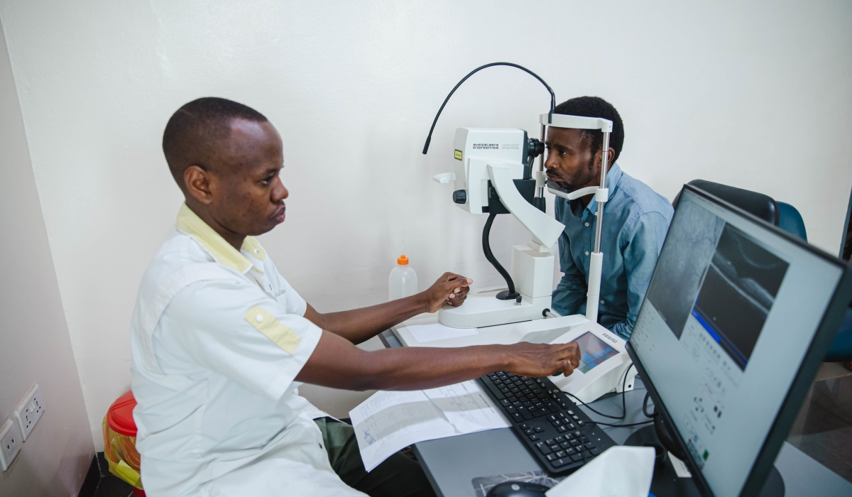 A patient undergoes an eye screening at Rwanda Charity Eye Hospital in Kamonyi District. Photo by Willy Mucyo