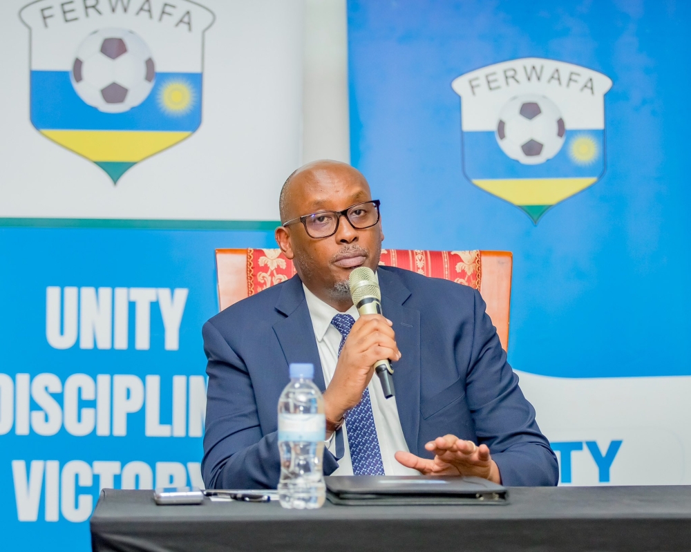 Fabrice Shema, the President of the Rwanda Football Federation, speaks at a press conference in Kigali on September 11.
