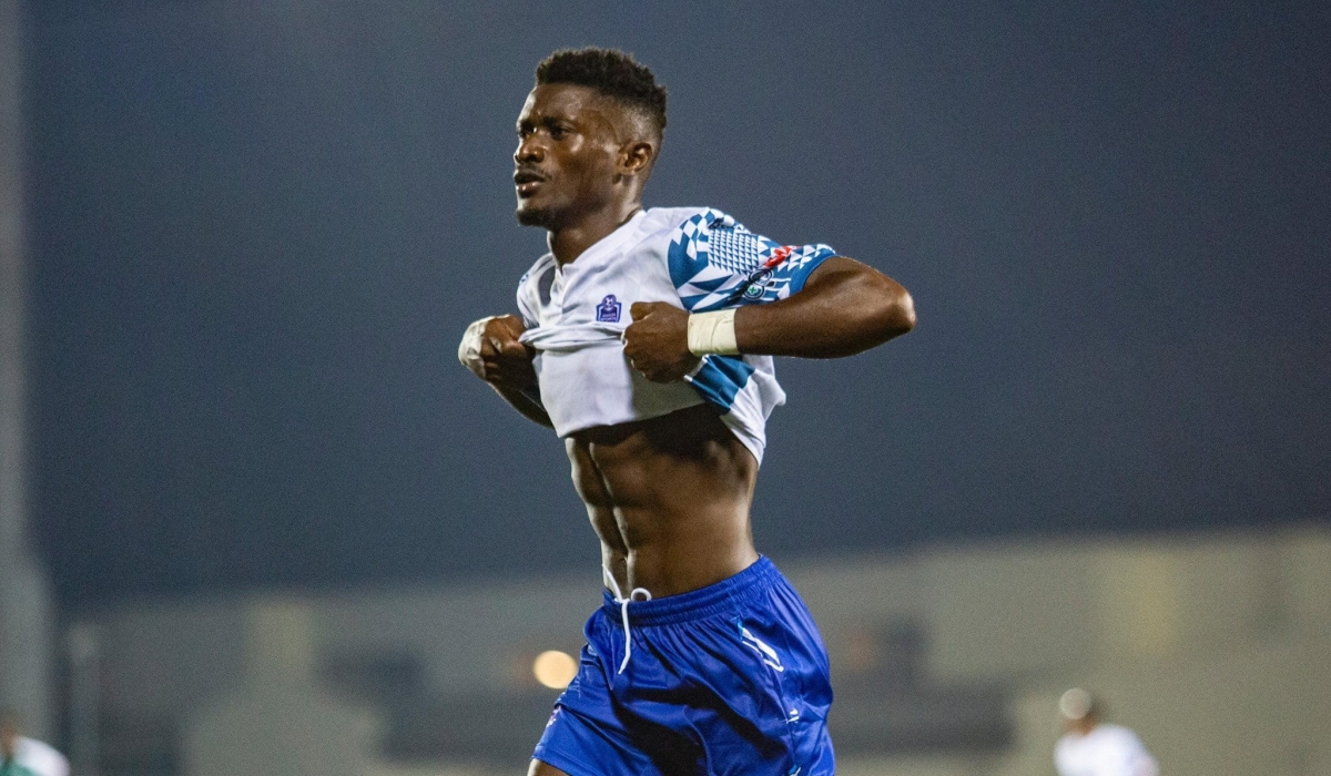 Striker Asman Ndayishimiye celebrates his second goal during Rayon Sports&#039; 2-0 win over Kiyovu SC on Saturday at Kigali Pele Stadium.