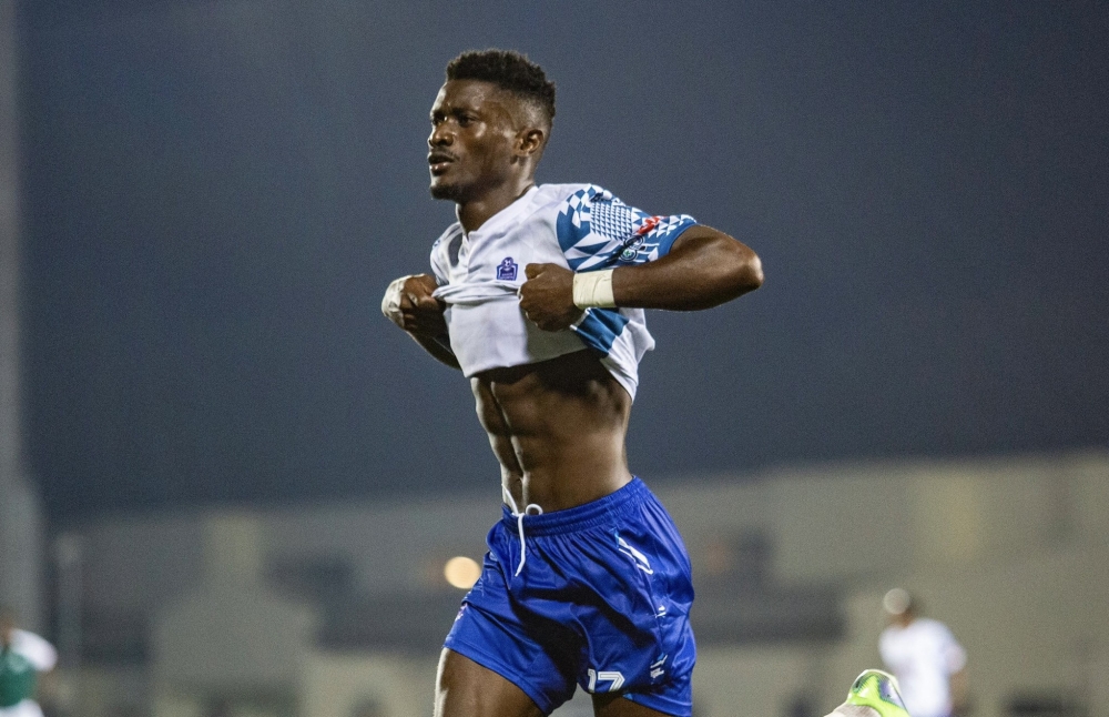 Striker Asman Ndayishimiye celebrates his second goal during Rayon Sports&#039; 2-0 win over Kiyovu SC on Saturday at Kigali Pele Stadium