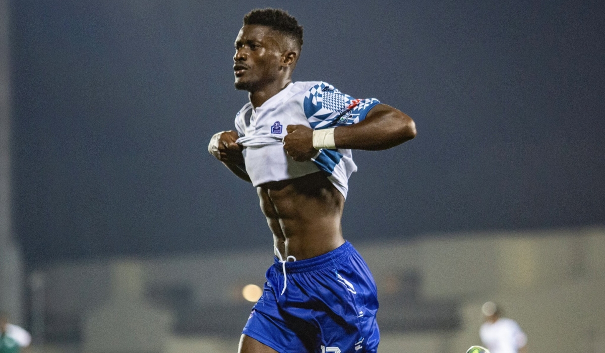 Striker Asman Ndayishimiye celebrates his second goal during Rayon Sports&#039; 2-0 win over Kiyovu SC on Saturday at Kigali Pele Stadium