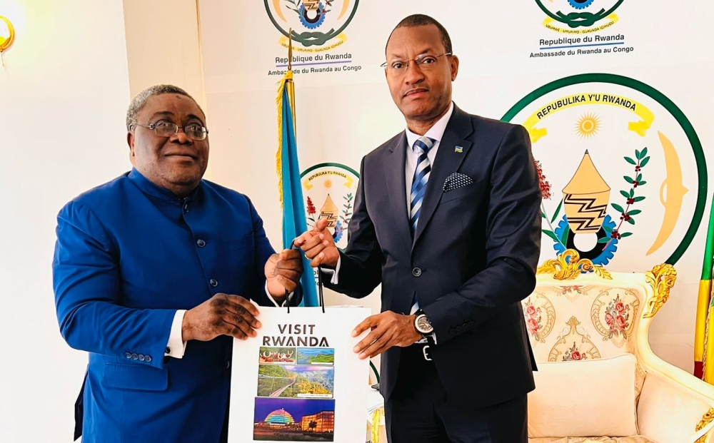 Victorino Nka Obiang Maye, the former Ambassador of Guinea to the Republic of Congo meets Rwanda&#039;s Ambassador Parfait Busabizwa in Brazaville. Amb Obiang is the new envoy to Rwanda.