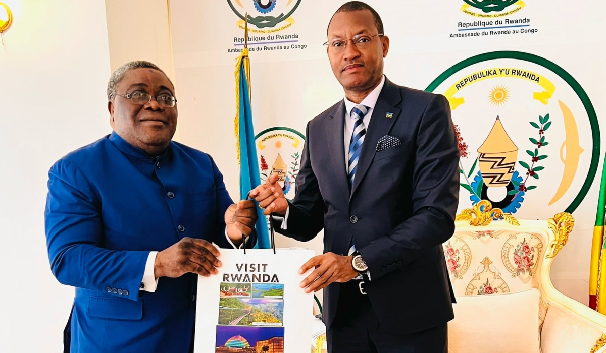 Victorino Nka Obiang Maye, the former Ambassador of Guinea to the Republic of Congo meets Rwanda&#039;s Ambassador Parfait Busabizwa in Brazaville. Amb Obiang is the new envoy to Rwanda.