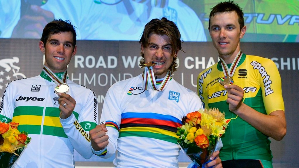 Slovak rider Peter Sagan (c) won his third world title in 2015 in Richmond, USA-File