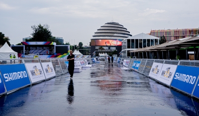 A view of the finish line and the podium for the 2025 UCI Road World Championships are both set at Kigali Convention Centre (KCC), on Thursday, September 18.  Kigali is in its final stretch of preparations to host the 2025 UCI Road World Championships, scheduled for September 21-28. Photo by Kellya Keza