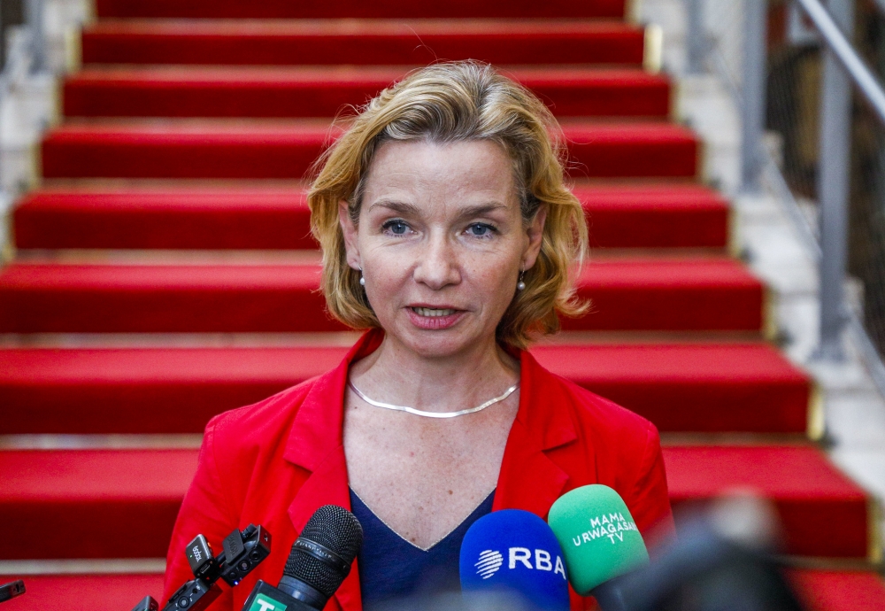 France&#039;s Ambassador to Rwanda, Aurelie Royet-Gounin, speaks to reporters after presenting her letters of credence to President Paul Kagame on September 8.
