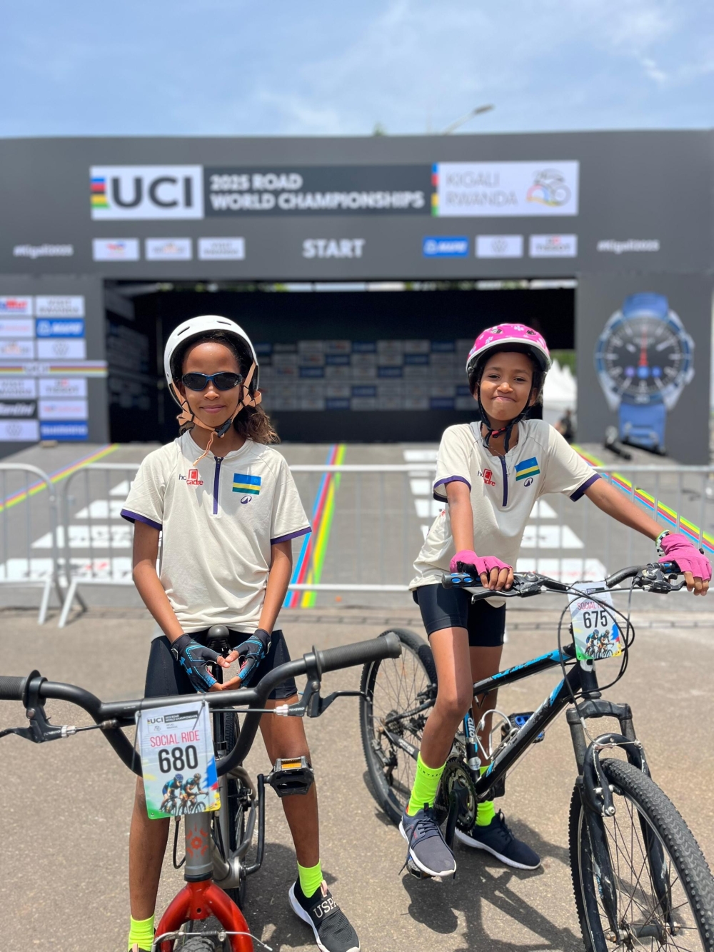Ella and Elsa Nshuti, the twins who are passionate about cycling, pose for a photo ahead on the UCI social ride on Saturday, September 20.