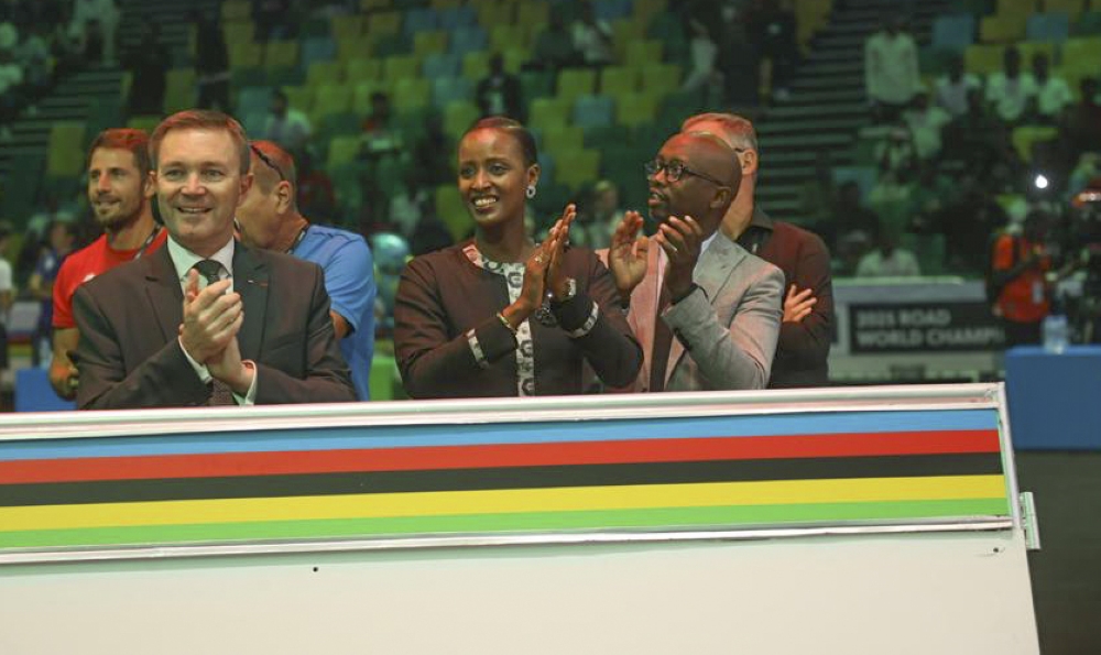 UCI President David Lappartient,  Rwanda’s Minister of Sports Nelly Mukazayire (c) and FERWACY President Samson Ndayishimiye grace the ceremony in Kigali on Sunday, September 21. Photo by Olivier Mugwiza