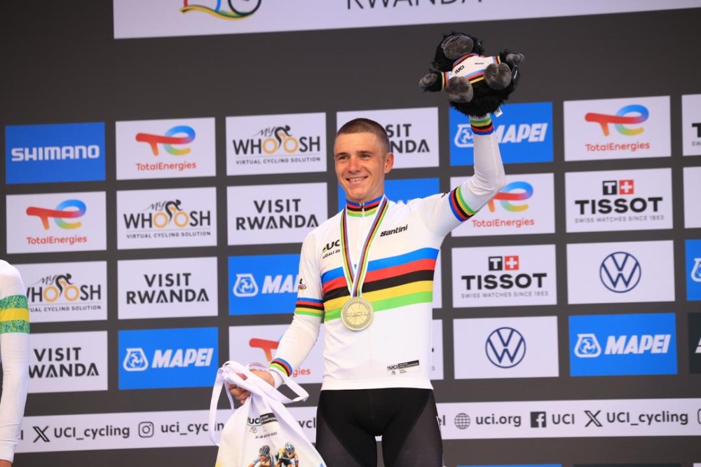 Belgium’s Remco Evenepoel wins his third consecutive gold medal in the Men’s Individual Time Trial (ITT) in Kigali. Photo by Dan Gatsinzi