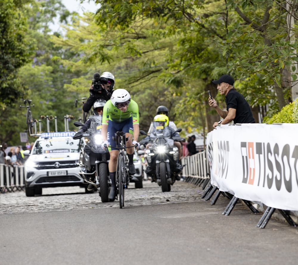 Slovenian super star Tadej Pogacar climbs Cote de Kimihurura during  the men elite Individual Time Trial (ITT). Photo by Dan Gatsinzi