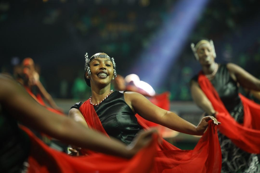 A member of Inganzo Ngari culture troupe shows off be traditional dancing skills befire hundreds who attended the UCI World Championships opening ceremony 