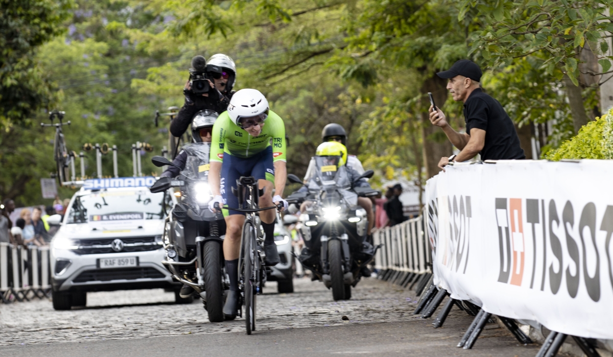 Slovenian super star Tadej Pogacar climbs Cote de Kimihurura during  the men elite Individual Time Trial (ITT). Photo by Dan Gatsinzi