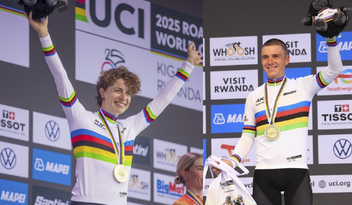 Swiss cyclist Marlen Reusser and Belgium’s Remco Evenepoel claimed the Elite Individual Time Trial (ITT) titles at the 2025 UCI Road World Championships in Kigali on Sunday, September 21. Evenepoel extended his dominance by securing a third consecutive gold medal in the Men’s ITT, while Reusser captured her first-ever Women’s Elite ITT crown. Photo by Olivier Mugwiza and Dan Gatsinzi