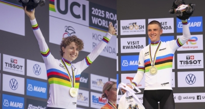 Swiss cyclist Marlen Reusser and Belgium’s Remco Evenepoel claimed the Elite Individual Time Trial (ITT) titles at the 2025 UCI Road World Championships in Kigali on Sunday, September 21. Evenepoel extended his dominance by securing a third consecutive gold medal in the Men’s ITT, while Reusser captured her first-ever Women’s Elite ITT crown. Photo by Olivier Mugwiza and Dan Gatsinzi