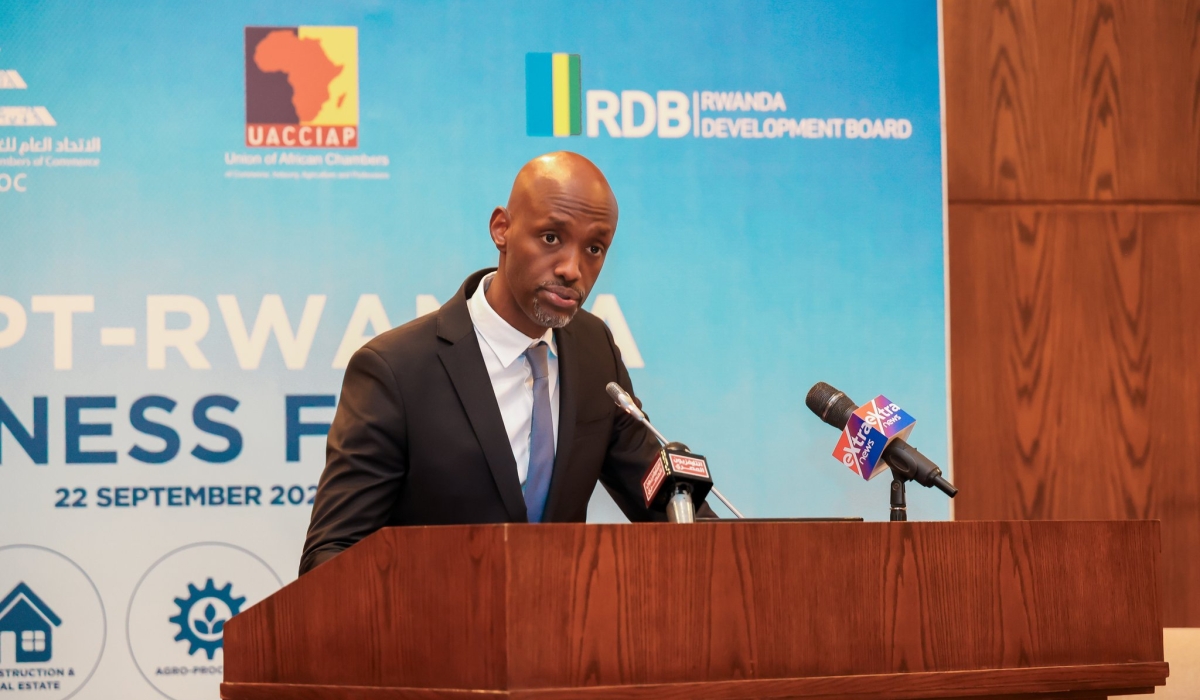 RDB CEO Jean Guy Afrika delivers his remarks to business leaders from Rwanda and Egypt gathered for the first-ever Egypt–Rwanda Business Forum. Courtesy
