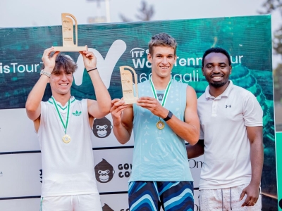 Eaden-Zack Harron (L) captured seveth title with the doubles crown alongside Pole partner Juliusz Stanczyk in Kigali in August. He ultimately rose to a career high 511th on ITF juniors rankings-court