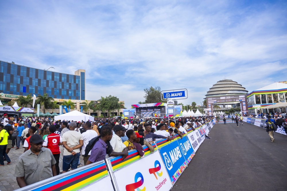 The 2025 UCI Road World Championships finish line and podium at Kigali Convention Centre. Photo by Olivier Mugwiza