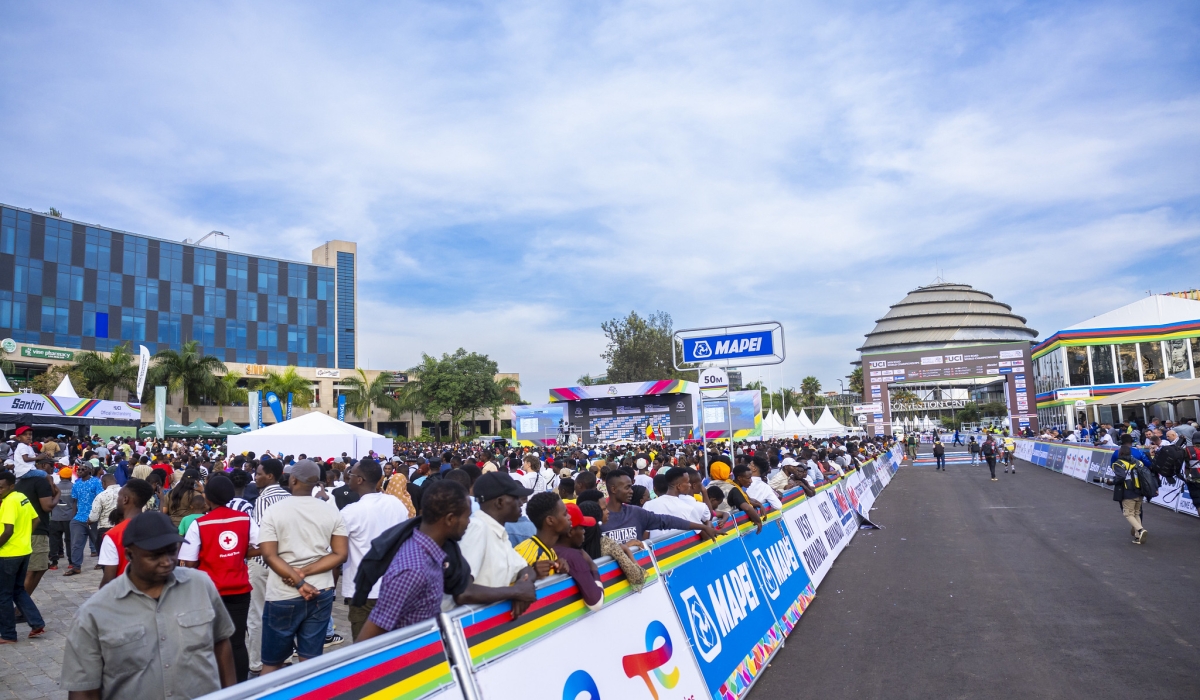 The 2025 UCI Road World Championships finish line and podium at Kigali Convention Centre. Photo by Olivier Mugwiza