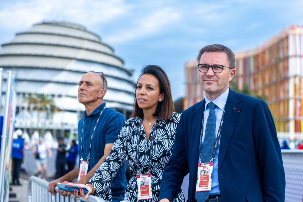 David Lappartient UCI President and Amina Lanaya, the Director General of the UCI Road World Championships follow the race on Wednesday, September 24. Photo by Olivier Mugwiza