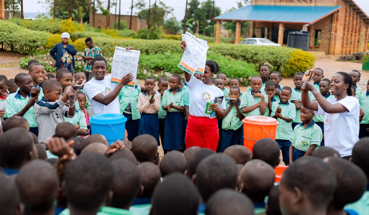 Children follow instructions on how to better wash your hands during a campaign on the fight against neglected tropical diseases (NTDs) in Bugesera. Photo courtesy