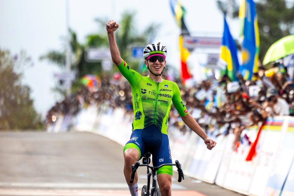 Slovenian cyclist Tadej Pogačar celebrates his crucial victory to be crowned UCI Road World Champion in Kigali on Sunday, September 28. Photos by Olivier Mugwiza