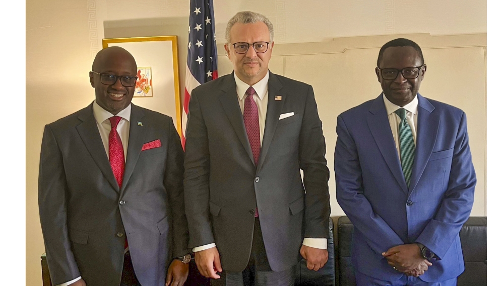 The United States Senior Advisor for Africa, Massad Boulos, Minister of Foreign Affairs and International Cooperation, Olivier Nduhungirehe and Rwanda&#039;s Envoy to the UN Martin Ngoga after their talks.