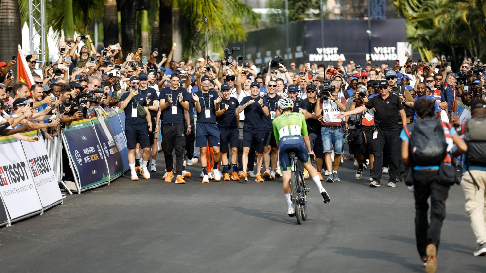 Slovenian cyclist Tadej Pogačar after crossing the finish line to win the 2025 UCI Road World Championships in Kigali. Dan Gatsinzi