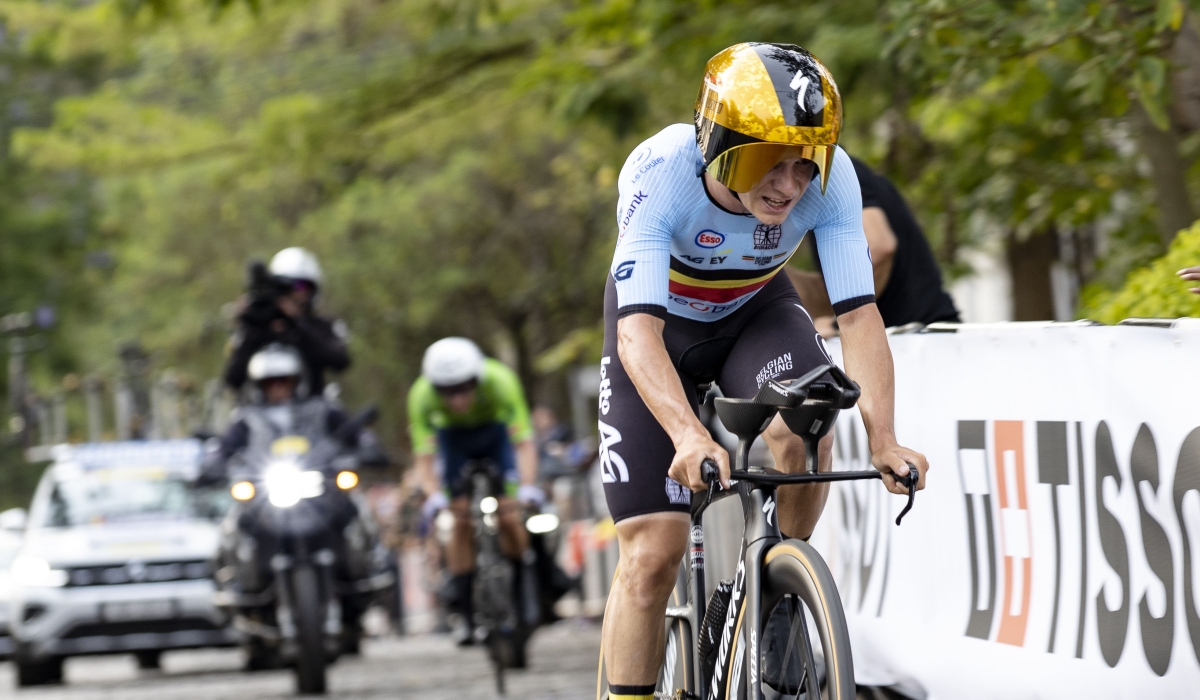 Belgian cycling icon Remco Evenepoel past Tadej Pogačar during the Individual Time Trial at Kimihurura cobbled street during the UCI Road World Championships in Kigali on September 21. Dan Gatsinzi