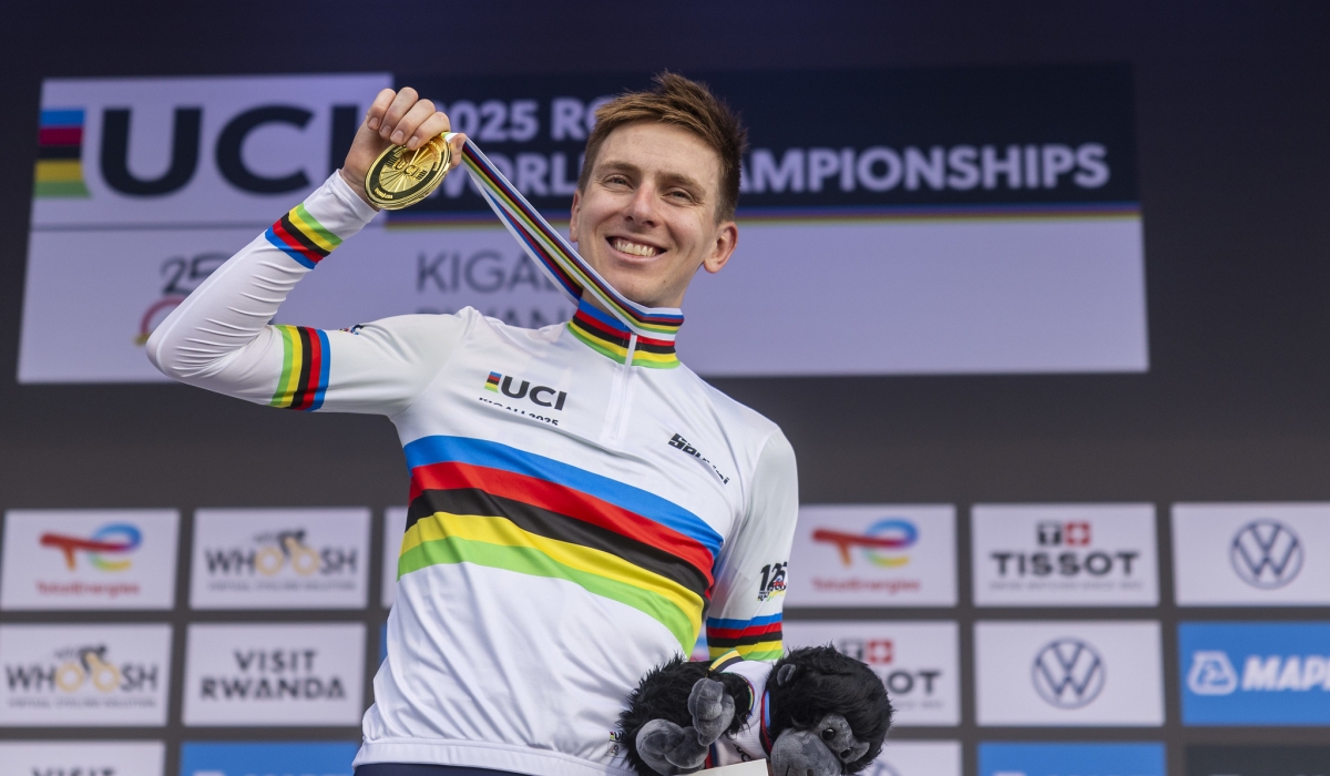 Slovenian cyclist Tadej Pogačar celebrates his victory to be crowned UCI Road World Champion in Kigali on Sunday, September 28. Photo by Olivier Mugwiza.