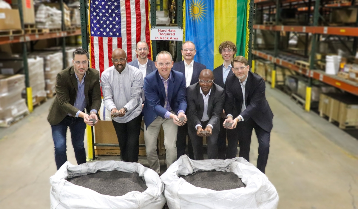 L-R: In Towanda, Pennsylvania, Traxys Head of Tin and Specialty Metals Ioannis Kallinikos, Deputy Chief of Mission (DCM) at the Rwandan Embassy in Washington, Arthur Asiimwe, Trinity Metals Chairman Shawn McCormick, Justin Uwiringiyimana of Trinity Metals, and Plansee Group Director of Global Raw Materials Eric Rowe, along with their delegation, witnessed the arrival of tungsten concentrate (WO₃) produced by Trinity’s Nyakabingo Mine. Courtesy 