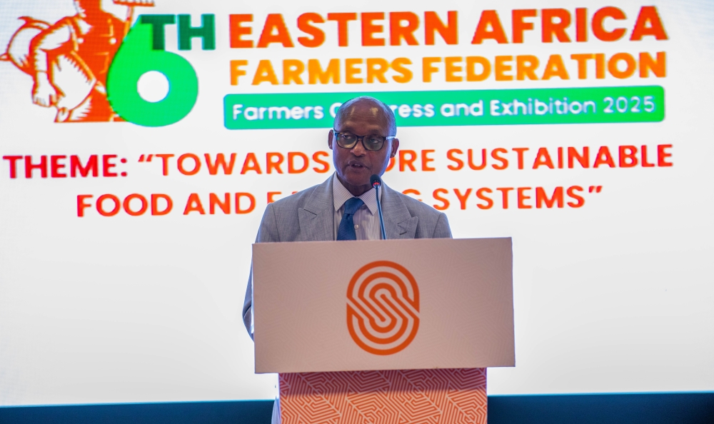 Rwanda’s Minister of Agriculture and Animal Resources, Mark Cyubahiro Bagabe, delivers remarks at the EAFF Congress in Kigali on September 30. Photo by Craish Bahizi