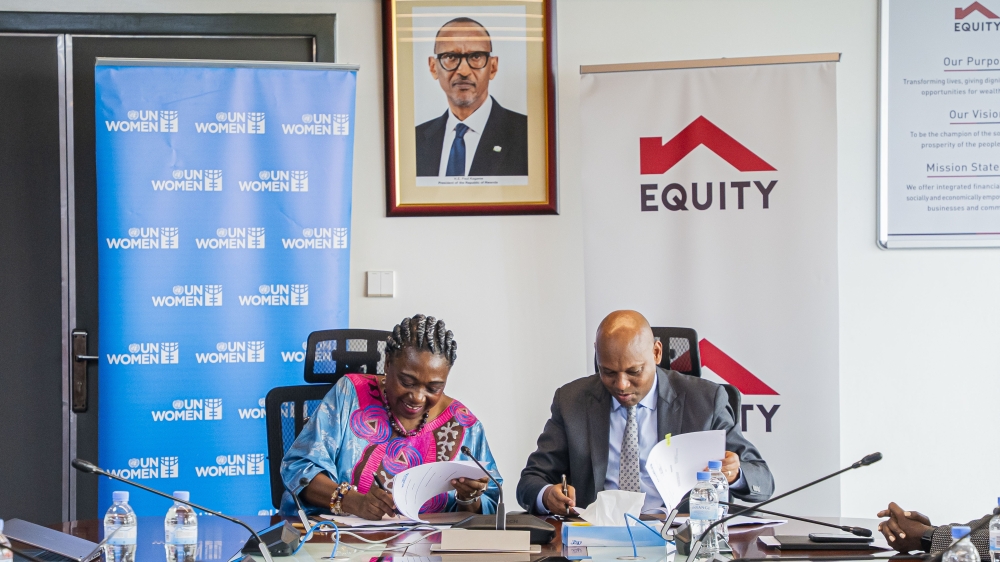 L-R: UN Women Rwanda Country Representative Jennet Kem and Equity Bank Rwanda Managing Director Hannington Namara sign a Memorandum of Understanding (MoU) to establish a strategic partnership aimed at accelerating women’s economic empowerment and bridging gender gaps in finance and technology. Photos by Keza Kellya Raissa