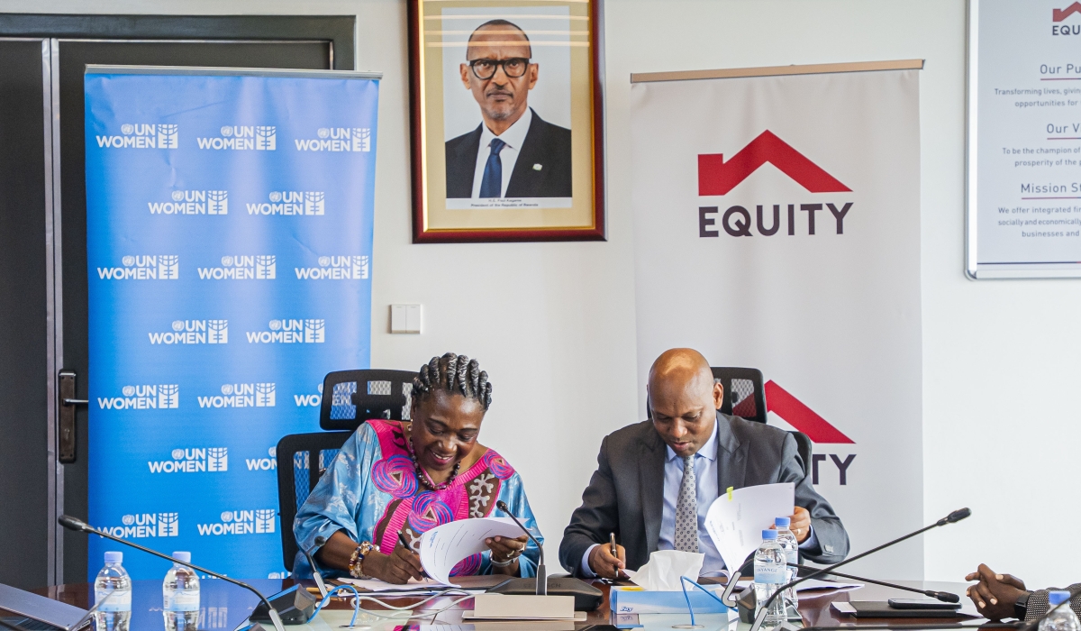 L-R: UN Women Rwanda Country Representative Jennet Kem and Equity Bank Rwanda Managing Director Hannington Namara sign a Memorandum of Understanding (MoU) to establish a strategic partnership aimed at accelerating women’s economic empowerment and bridging gender gaps in finance and technology. Photos by Keza Kellya Raissa