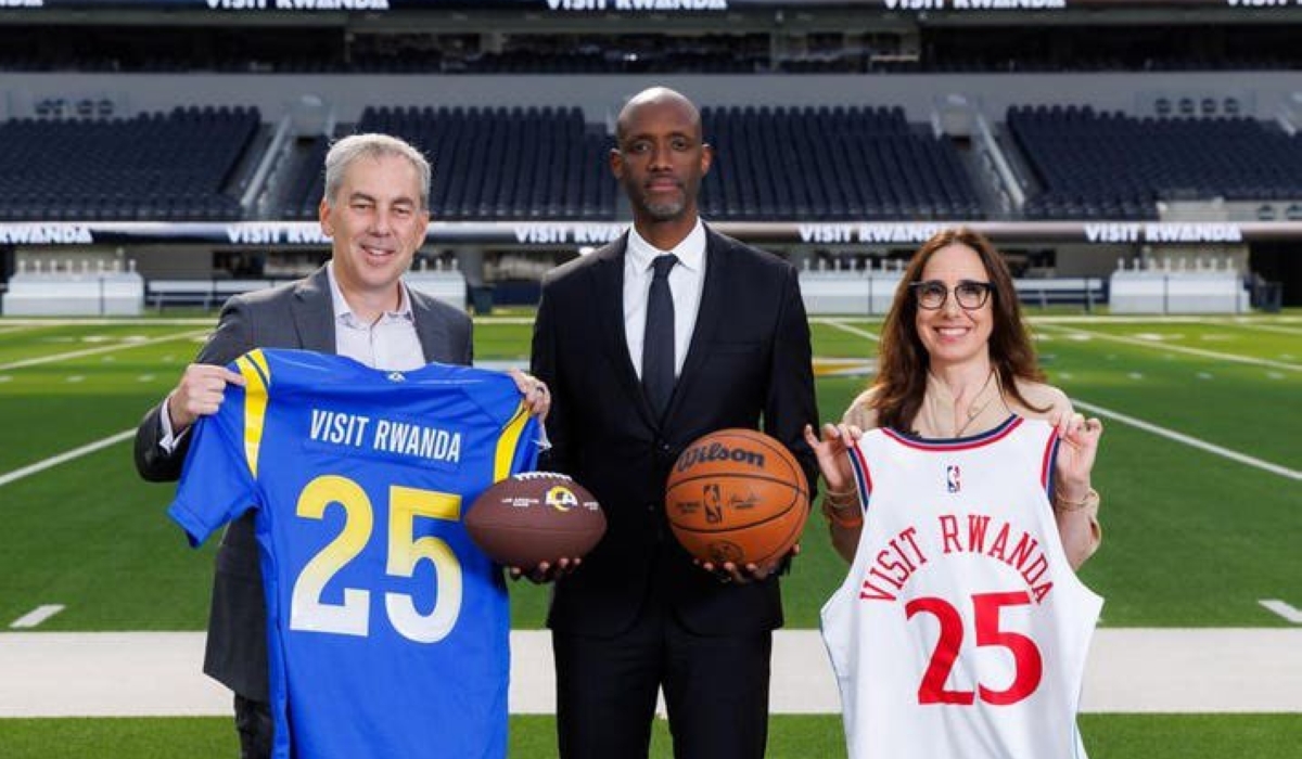 RDB Chief Executive Officer Jean Guy Afrika graces the official announcement of the new partnerships between Visit Rwanda and NBA, NFL on Monday, September 29. Courtesy