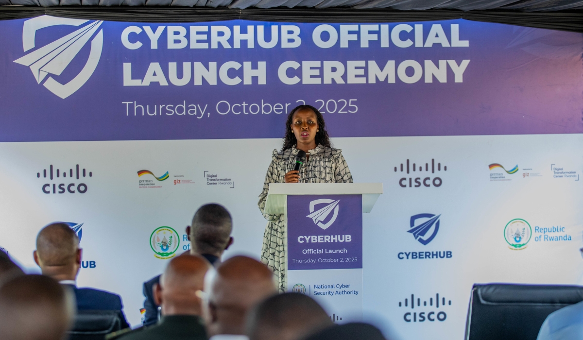 Paula Ingabire, the Minister of ICT and Innovation, addresses delegates at the launch. She said the CyberHub represents more than defence against cyber risks. Craish BAHIZI