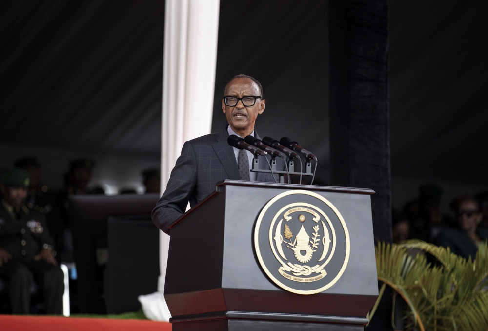 President Paul Kagame delivers his remarks during the graduation of the 12th intake of Officer Basic Training, where 1,029 cadets were commissioned as 2nd Lieutenants in RDF at a ceremony held at Rwanda Military Academy in Gako, Bugesera District. Photos by Dan Gatsinzi