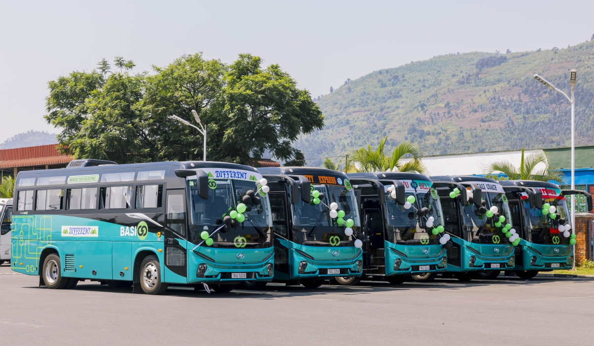 Some of the electric coaches that work upcountry in public transport. Rwanda’s ambition to electrify 20 per cent of bus fleet by 2030 is both bold and timely. Germain Nsanzimana