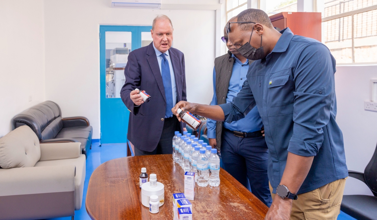 Minister of Health, Dr. Sabin Nsanzimana, inspects medicines manufactured by Labophar during his tour in Huye District on September 8. Courtesy