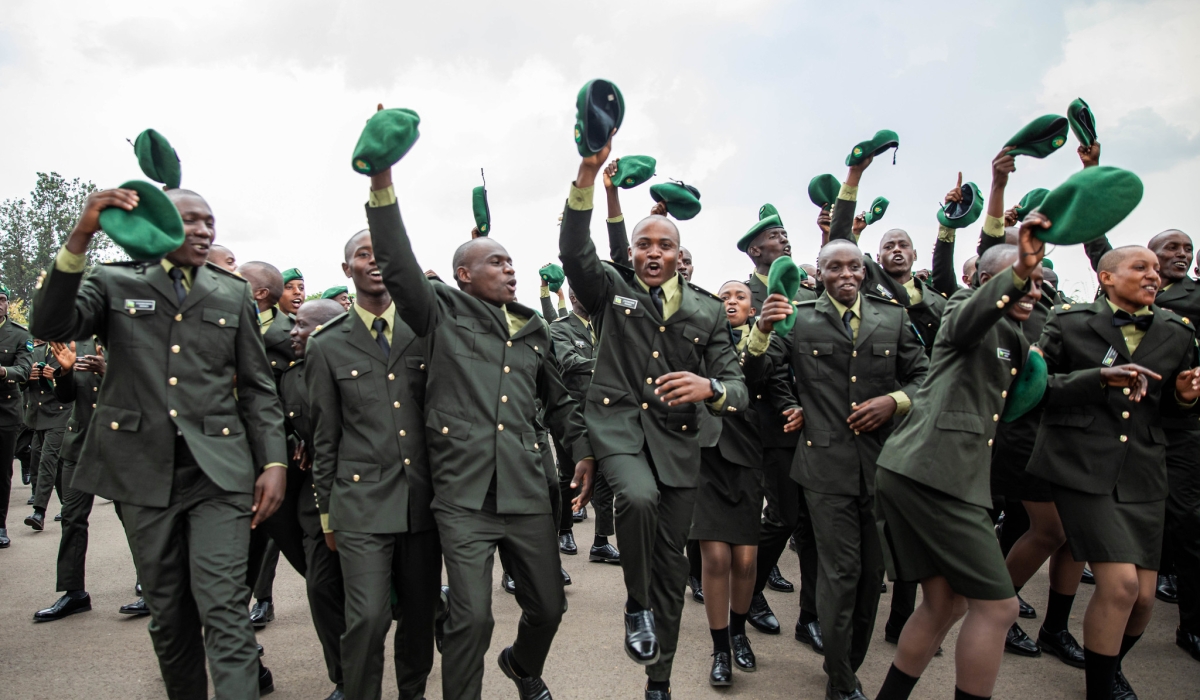 RDF new officers during a morale boosting session at the passing-out ceremony of the 12th intake of Officer Basic Training, at Rwanda Military Academy in Gako. Dan Gatsinzi