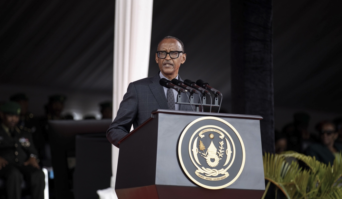 President Paul Kagame delivers his remarks during the graduation of the 12th intake of Officer Basic Training, where 1,029 cadets were commissioned as 2nd Lieutenants in RDF at a ceremony held at Rwanda Military Academy in Gako, Bugesera District. Photos by Dan Gatsinzi