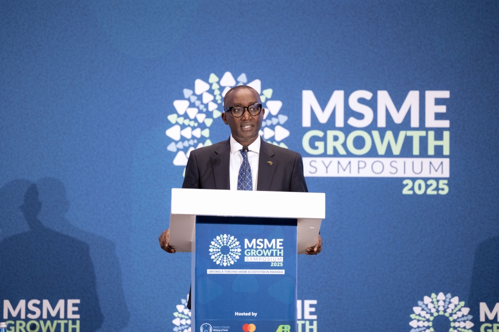 Jean-Bosco Iyacu, Access to Finance Rwanda CEO, addresses delegates at the meeting in Kigali. Jean-Bosco Iyacu, Access to Finance Rwanda CEO, addresses delegates at the meeting in Kigali.