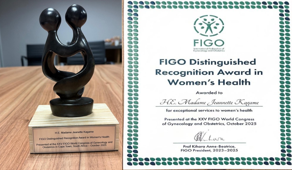 First Lady Jeannette Kagame has been given the inaugural Distinguished Recognition Award in Women’s Health by the International Federation of Gynaecologists and Obstetricians (FIGO).
