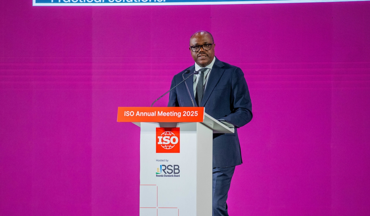 Prime Minister, Justin Nsengiyumva delivers his remarks at the 2025 International Organisation for Standardisation (ISO) Annual Meeting, on October 6. Photo by Craish Bahizi