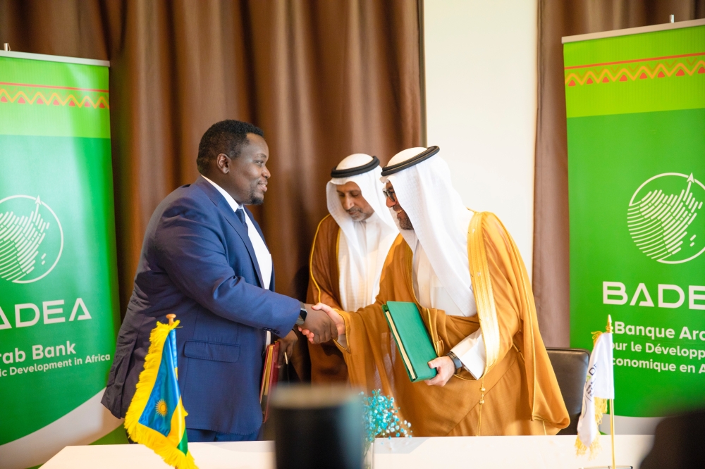 Godfrey Kabera, Minister of State for the National Treasury at the Ministry of Finance and President of the Arab Bank for Economic Development in Africa (BADEA), and  Fahad Aldossari, the Chairman of BADEA’s Board of Directors during the  signing ceremony. Courtesy