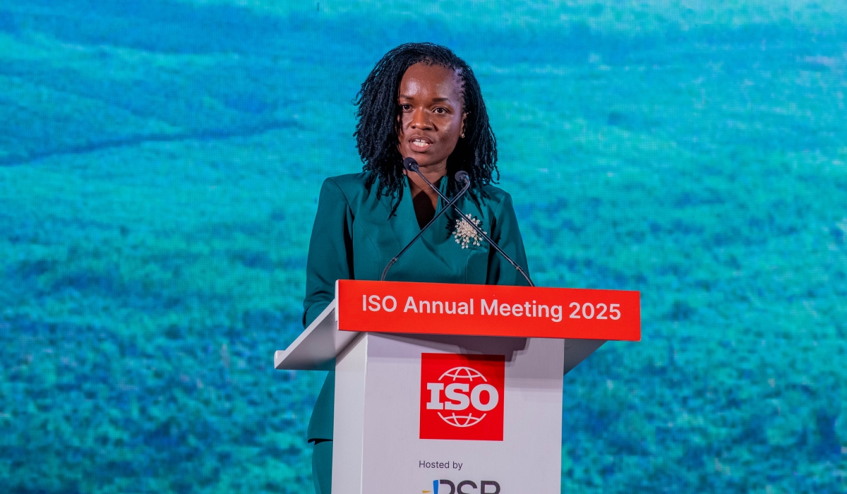 Minister of Environment, Bernadette Arakwiye delivers her remarks during the International Organization for Standardization (ISO) Annual Meeting 2025 in Kigali. Craish BAHIZI