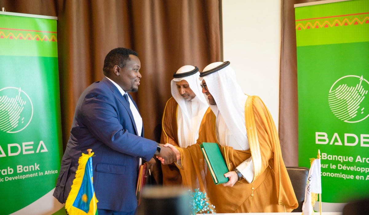 Godfrey Kabera, Minister of State for the National Treasury at the Ministry of Finance and President of the Arab Bank for Economic Development in Africa (BADEA), and  Fahad Aldossari, the Chairman of BADEA’s Board of Directors during the  signing ceremony. Courtesy