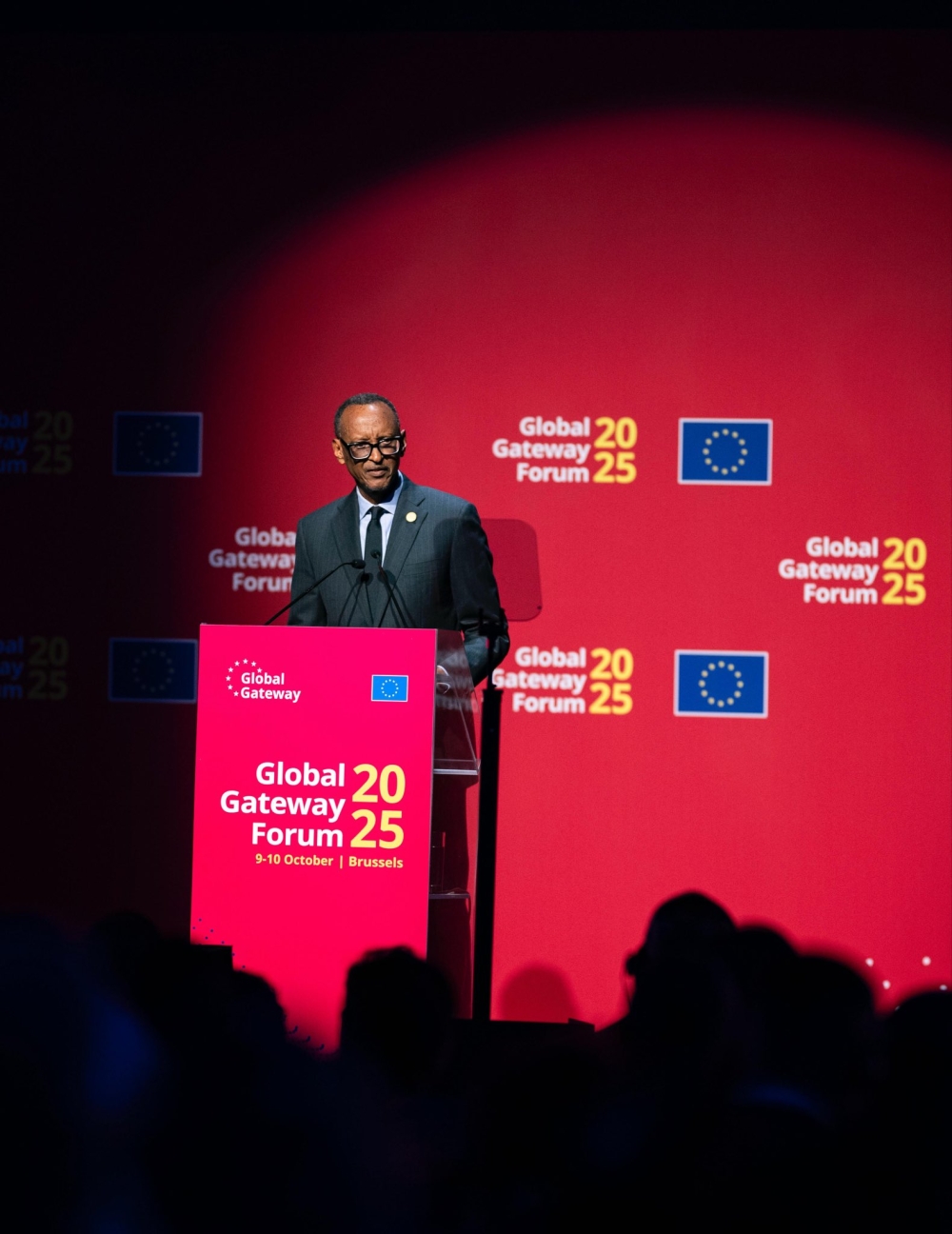 President Kagame speaks at the Global Gateway Forum in Brussels, Belgium, on Thursday, October 9. Photo by Urugwiro Village.