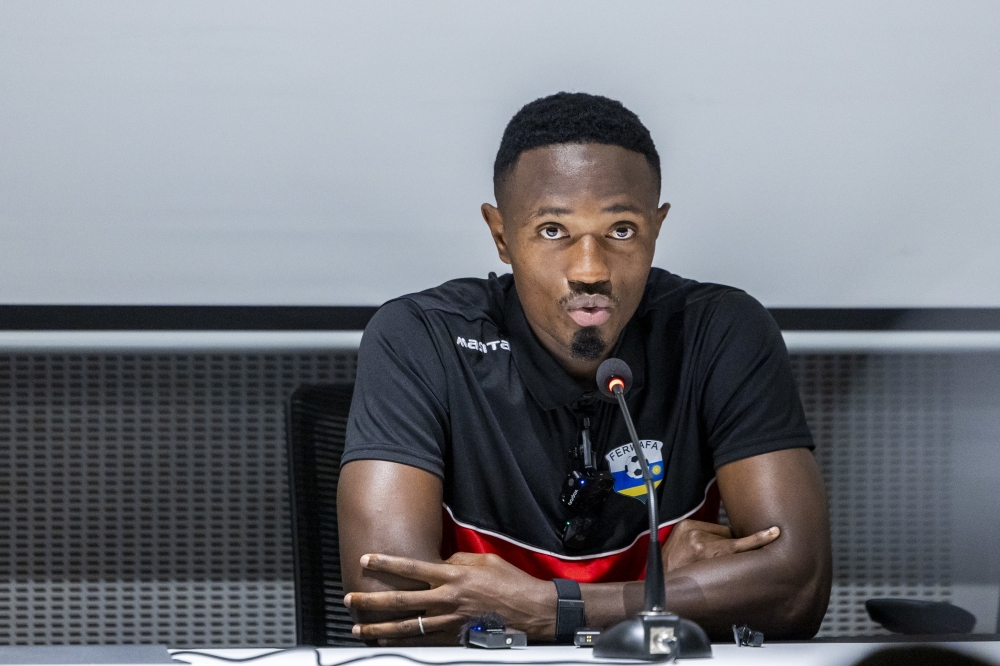 Team captain Djihad Bizimana talks to the journalists after a training session at Amahoro stadium. Olivier Mugwiza