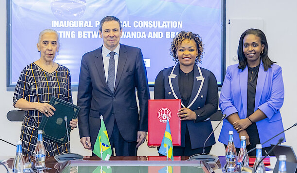 Clementine Mukeka, the Permanent Secretary at the Ministry of Foreign Affairs and International Cooperation, and Irene Vida Gala, the Ambassador of Brazil to Rwanda at the signing ceremony in Kigali, on October 9.