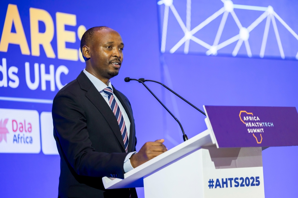 Health Minister Dr Sabin Nsanzimana delivers his remarks during the fourth edition of the Africa Health Tech Summit, taking place at Kigali Convention Centre from October 13-15. Photos by Craish Bahizi 